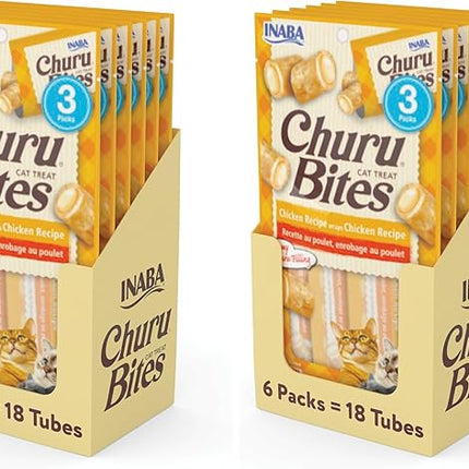 INABA Churu Bites for Cats, Soft Baked Chicken Churu Filled Cat Treats with Green Tea Extract, 0.35 Ounces Each Tube, 18 Tubes Total (3 per Pack), Chicken Recipe (Pack of 2)