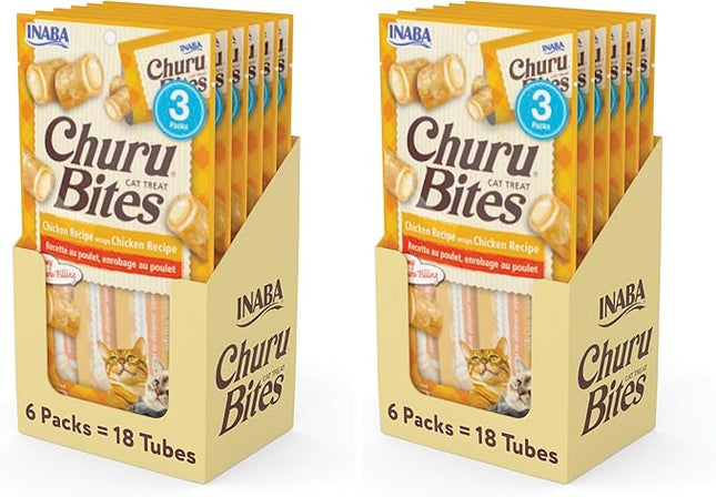INABA Churu Bites for Cats, Soft Baked Chicken Churu Filled Cat Treats with Green Tea Extract, 0.35 Ounces Each Tube, 18 Tubes Total (3 per Pack), Chicken Recipe (Pack of 2)