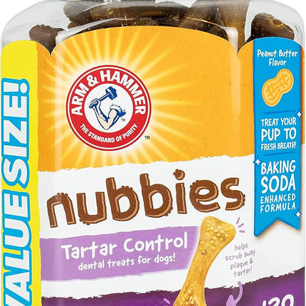 Arm & Hammer for Pets Nubbies Dental Treats for Dogs with Baking Soda and Calcium, Treat Chews Help Fight Bad Breath, Plaque & Tartar, Peanut Butter, Value Bucket, 139 Pcs, 6-pk (Packaging May Vary)