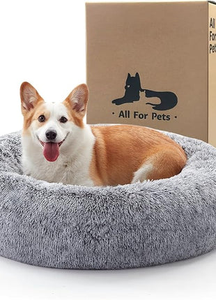 Calming Dog Bed - Donut Washable Medium Size Round Pet Bed for Dogs and Cats, 30 inches Anti-Slip Fluffy Faux Fur Plush Cat Bed, Anti-Anxiety Cushion with Anti-Slip Bottom