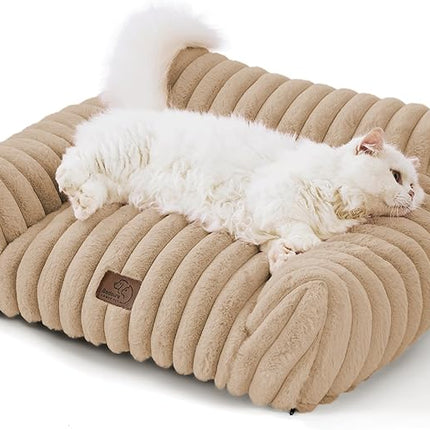 Bedsure Cute Cat Couch for Pets - Fluffy Cat Sofa with Premium Soft Corduroy Fleece, Fuzzy Pet Couch Bed with Removable Washable Cover, Supportive Pet Chair for Indoor Cats, 24inch, Tuscan Beige