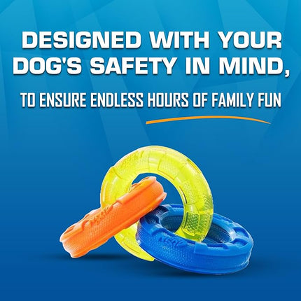 Nerf Dog 3-Ring Tug Outdoor Dog Toy, 7.5 Inch Ring Dog Tug Toy for Puppies and Small Breeds, Blue/Green/Orange