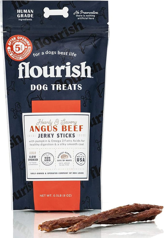 Flourish Pets Angus Beef Jerky Sticks, Dog Treats, Healthy Training Chews (8 Ounces)