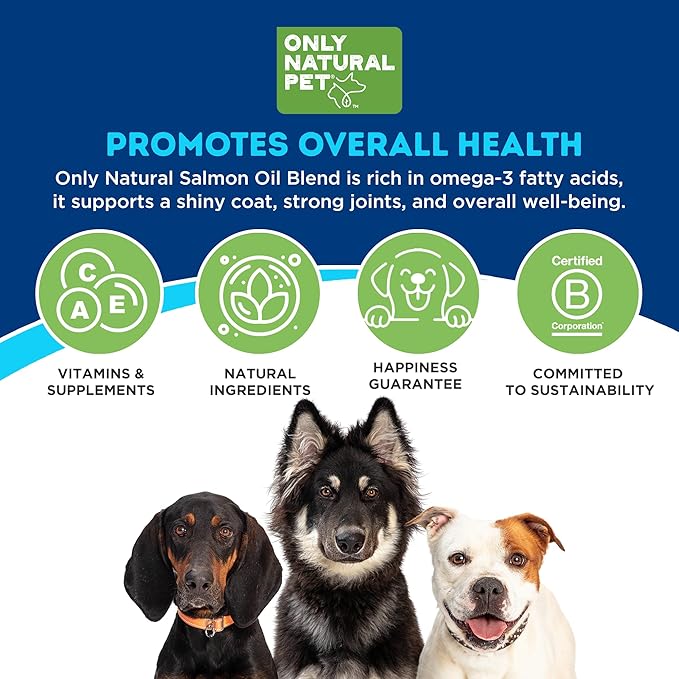 Only Natural Pet Wild Alaskan Salmon Oil for Dogs & Cats - Omega 3 & 6 Liquid Food Supplement for Pets - EPA & DHA Fish Oils, All Natural Joint Support, Promote Healthy Skin, Coat & Heart - 20 Fl Oz
