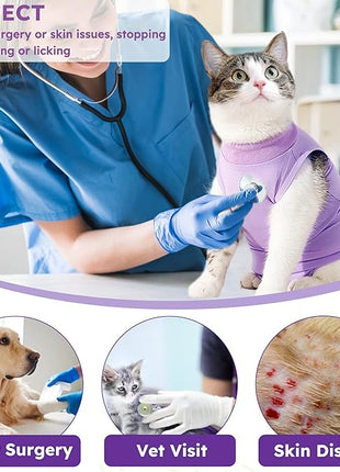 Cat Recovery Suit for Spay Abdominal Wound, Breathable Kitten Onesie for Cats After Surgery, Anti Licking Cat Cone Alternative, Pet Surgery Recovery Shirt-Purple(L)