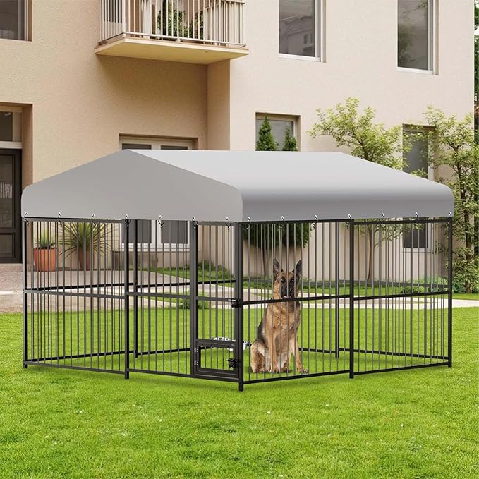 10 x 10FT Large Dog Kennel, Heavy Duty Metal Outdoor Dog Kennel, Outside Dog Playpen with Roof & Feeding Door
