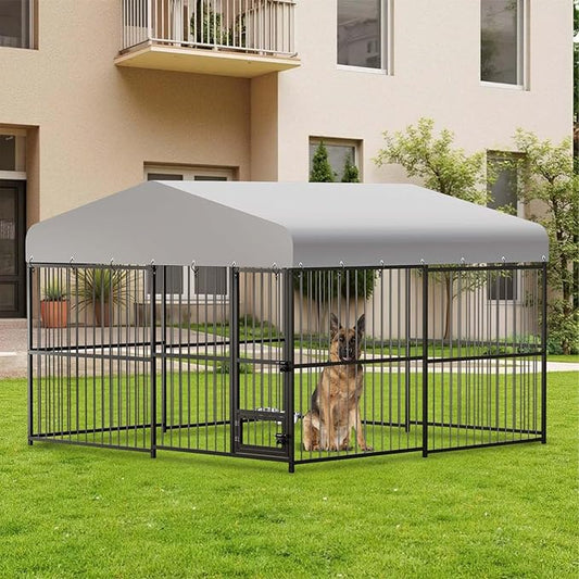 10 x 10FT Large Dog Kennel, Heavy Duty Metal Outdoor Dog Kennel, Outside Dog Playpen with Roof & Feeding Door