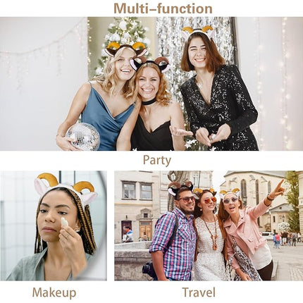 Beviliu Goat Ears Headband Set with Ram Horns, 3Pack Goat Ears and Horns Headband, Sheep Ears Custome Lamb Ears Headwear for Halloween Christmas Birthday Party Theme Cosplay