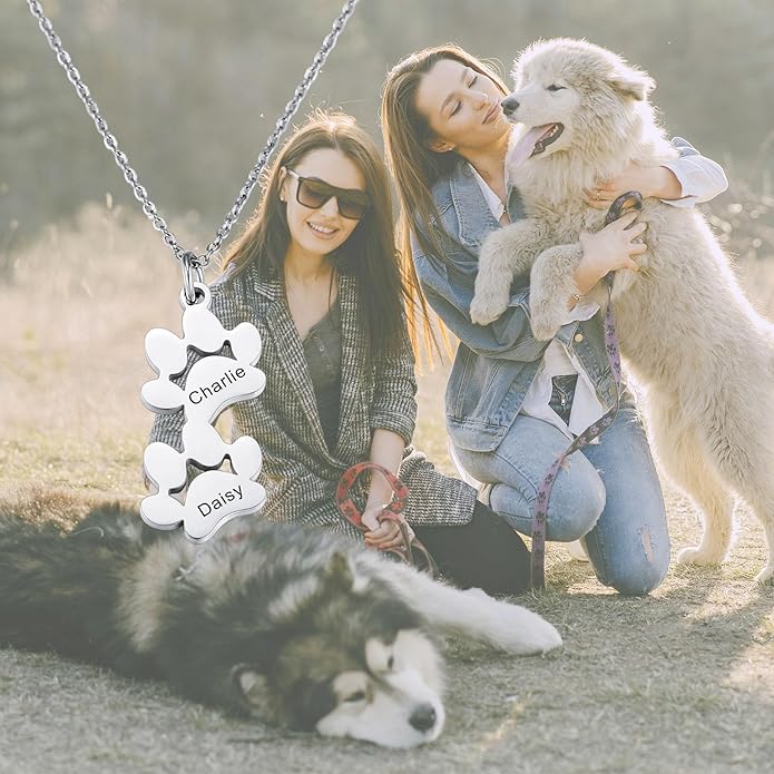 MeMeDIY Personalized Paw Print Necklace for Women Engraved Name Dog Paw Necklace Stainless Steel/925 Sterling Silver Paw Necklace Pet Memorial Necklace 1-4 Cat Paw Print Necklace