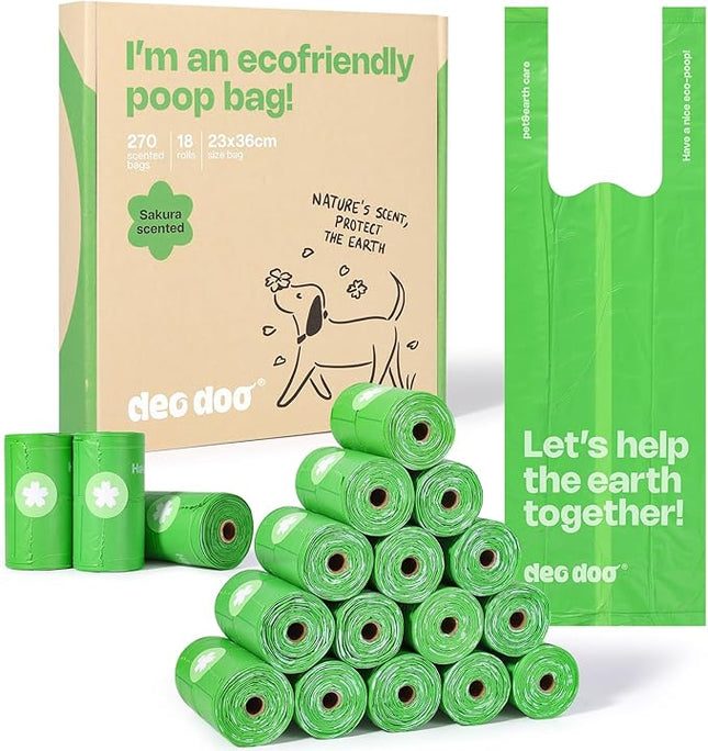 Dog Poop Bags with Handles Sakura Scented 18 Rolls 270 Counts Leak Proof and Extra Thick Waste Bags for Walking Small Medium Dogs