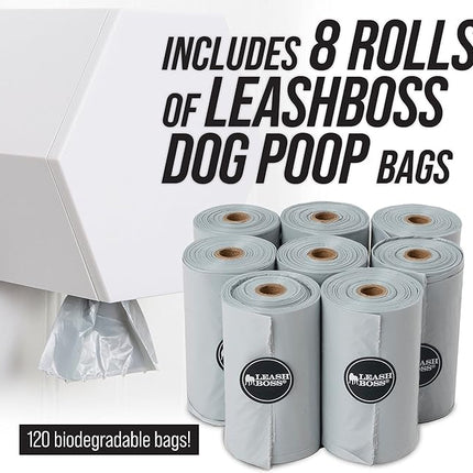 Leash Boss Dog Poop Bag Dispenser Wall Mount with Container for Extra Storage, Doggy Bag Holder for Pet Waste Stations, Includes 8 Rolls (120 Bags) of Unscented Pet Waste Bags