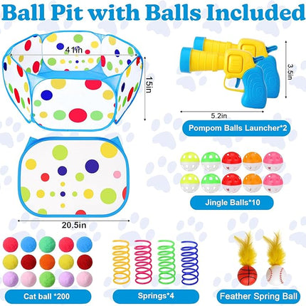 AIERSA Cat Ball Pit for Indoor Cats,Interactive Toy Included 200 Pom Pom Balls and Launcher&Springs&Jingle Balls&Feather Spring Ball,Cats Self Play Enrichment Stimulation Toys for Bored Cat