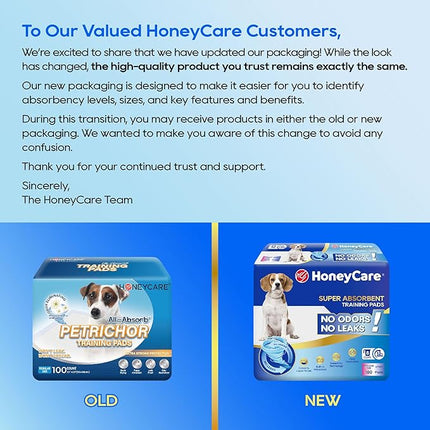 HONEY CARE All-Absorb, Large 22" x 23", 100 Count, Dog and Puppy Training Pads, Ultra Absorbent and Odor Eliminating, Leak-Proof 5-Layer Potty Training Pads with Quick-Dry Surface, Blue, A01