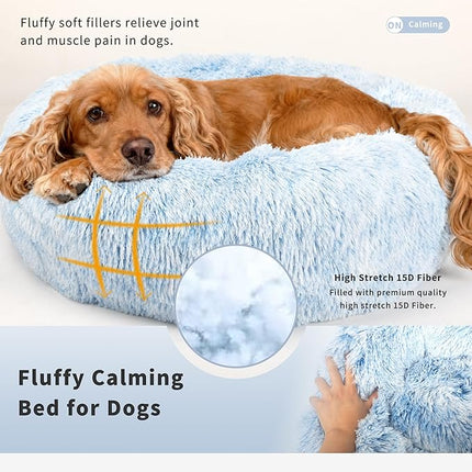 Dog Beds for Medium Dogs Washable Calming Blue Fluffy and Soft Anti Anxiety Faux Fur Round 30 in Pet Bed for Doggie