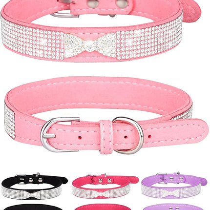 Dog Collar for Small Dogs, Adjustable Leather Suede Bling Dog Collars，Pink Dog Collar Cat Collar, Rhinestone Dog Collar (L, pink4)