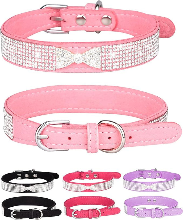 Dog Collar for Small Dogs, Adjustable Leather Suede Bling Dog Collars，Pink Dog Collar Cat Collar, Rhinestone Dog Collar (L, pink4)