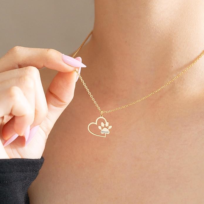 Customized Paw Print Necklace Personalized Pet Name Necklace Custom Engraved Dog Cat Paw Pendant Necklace Pet Memorial Gift for Pet Lovers