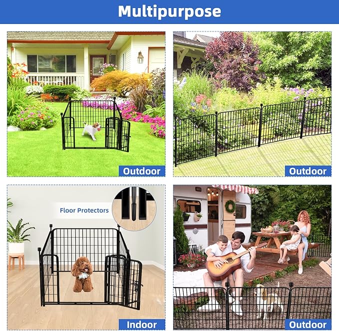 ADAVIN 24 in(H) Garden Fence with Gate, 4 Panels Total 9.8 Ft(L), Heavy Duty Iron Metal Animal Barrier Fence, Camping Fence, No Dig Garden Border Fencing for Yard