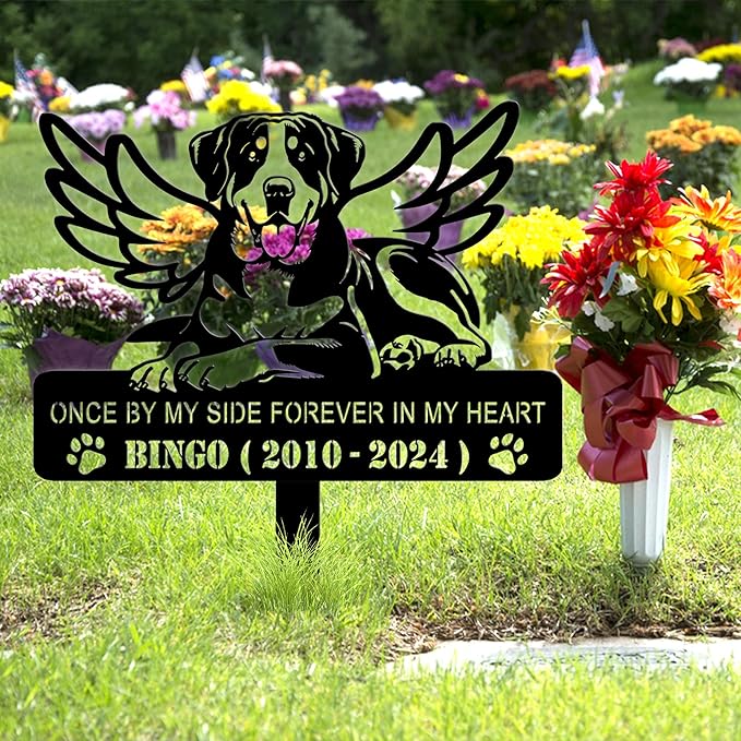 Personalized Dog Memorial Grave Marker, Custom Pet's Name Cemetery Decorations for Funerary, Metal Dog Burial Garden Stake, Outdoor Sympathy Angel Handstone Stake Plaque Gift for Loss