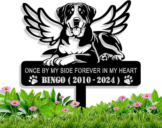Personalized Dog Memorial Grave Marker, Custom Pet's Name Cemetery Decorations for Funerary, Metal Dog Burial Garden Stake, Outdoor Sympathy Angel Handstone Stake Plaque Gift for Loss