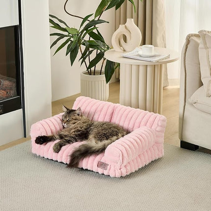 Hollypet Fluffy Plush Pet Cat Couch Soft Calming Pet Sofa Beds for Medium Small Cats and Dogs, Light Pink