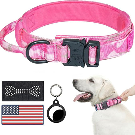 Hotsky Tactical Dog Collar, Adjustable Military Training Nylon Airtag Collar with Handle and Heavy Duty Metal Buckle for Medium Large Dogs, with Airtag Holder and Two Patches（Pink Camo,XL）