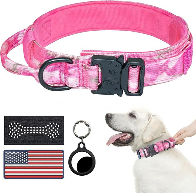 Hotsky Tactical Dog Collar, Adjustable Military Training Nylon Airtag Collar with Handle and Heavy Duty Metal Buckle for Medium Large Dogs, with Airtag Holder and Two Patches（Pink Camo,M）