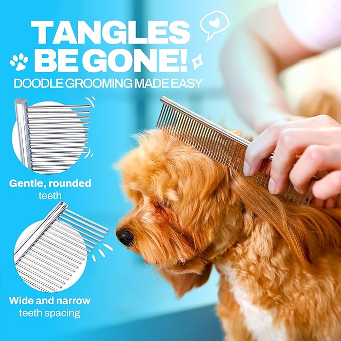 Dog Combs for Grooming, Metal Comb for Dogs, Goldendoodle, Doodle Dog Grooming Comb, Great for Poodle, Labradoodle, Cockapoo & Goldendoodle - Finishing Combs for Dogs & Doodles