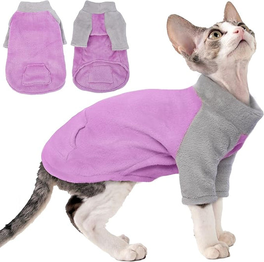 PUMYPOREITY Turtleneck Sweater for Sphynx Cat, Soft Coral Fleece Cat Clothes, Thick Winter Warm Outfit Coat with Sleeves, S, Purple