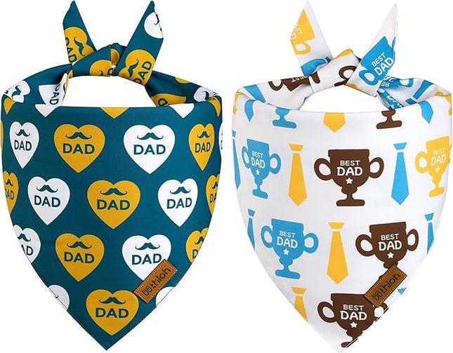 Fathers Day Dog Bandanas - 2 Pack Reversible I Love My Dad Pet Scarf for Boy and Girl | Premium Durable Fabric | Adjustable Bandana for Small Medium Large and Extra Large Dogs (X-Large)