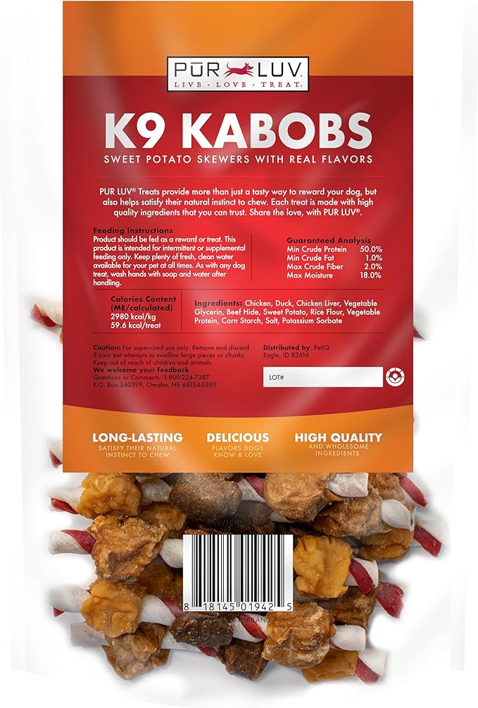 Dog Treats, K9 Kabobs Made with Real Chicken, Duck, and Sweet Potato, 12 Ounces, Dog Snacks, Healthy, Easily Digestible, Long-Lasting, High Protein Treat, Satisfies Urge to Chew