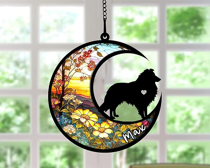 NAZENTI Shetland Sheepdog-Sheltie Hanging Ornament, Personalized Pet Memorial Suncatcher with Name, Christmas Gift for Dog Lovers