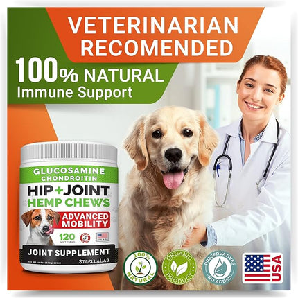 Large Breed Hemp + Glucosamine Dog Joint Supplement - Hemp Chews for Dogs Hip Joint Pain Relief - Omega 3, Chondroitin, MSM - Advanced Mobility Hemp Oil Treats for Large Dogs - Made in USA - 240 Ct