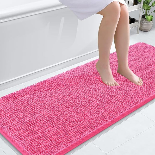 OLANLY Bathroom Rugs 59x24, Extra Soft Absorbent Chenille Bath Rugs, Rubber Backing Quick Dry, Machine Washable Bath Mats for Bathroom Floor, Tub and Shower, Home Decor Accessories, Hot Pink