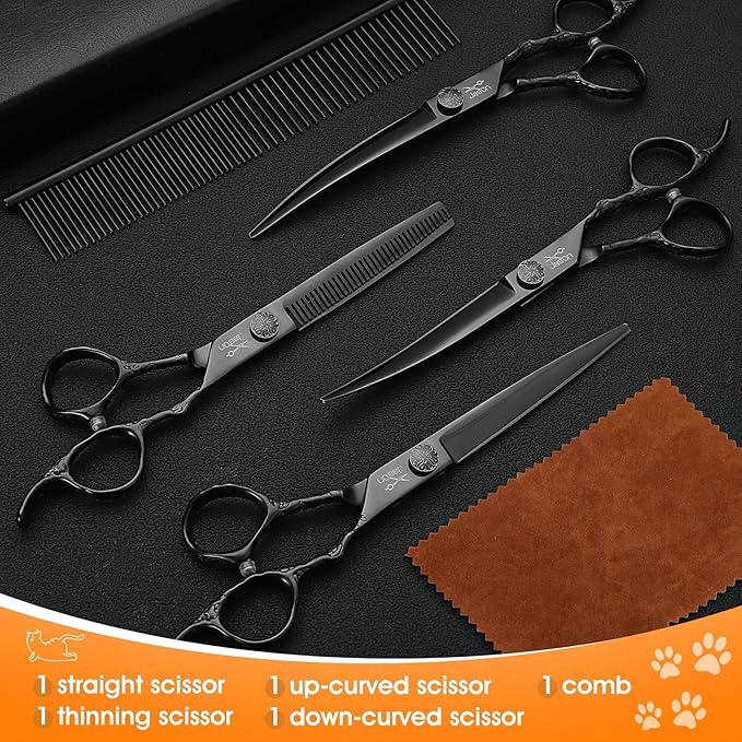 JASON Professional Dog Grooming Scissors Set - 6 in 1 Dog Shears Kit with 6.5" Thinning, 7" Straight, 7" Up-Curved, 7" Down-Curved Shears and Comb for Cat and Pet, Adjustable Screw (Black)