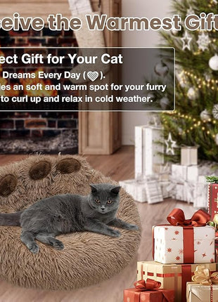 Calming Dog Bed Cat Bed Medium Size Dog - Donut Washable Medium Pet Bed, Warm Kitten Nest 24 inches Anti-Slip Round Fluffy Plush Faux Fur Cat Bed, Fits up to 25 lbs Pets, (Classic Camel)