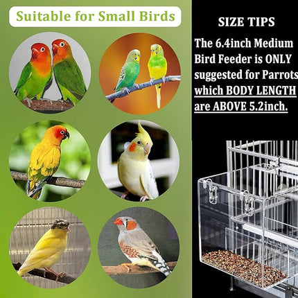 No Mess Bird Feeder for Cage Automatic Acrylic No Spill Bird Feeder for Parakeet Parrot Cockatiels Cockatiels Lorikeet Lovebirds 6.4inch