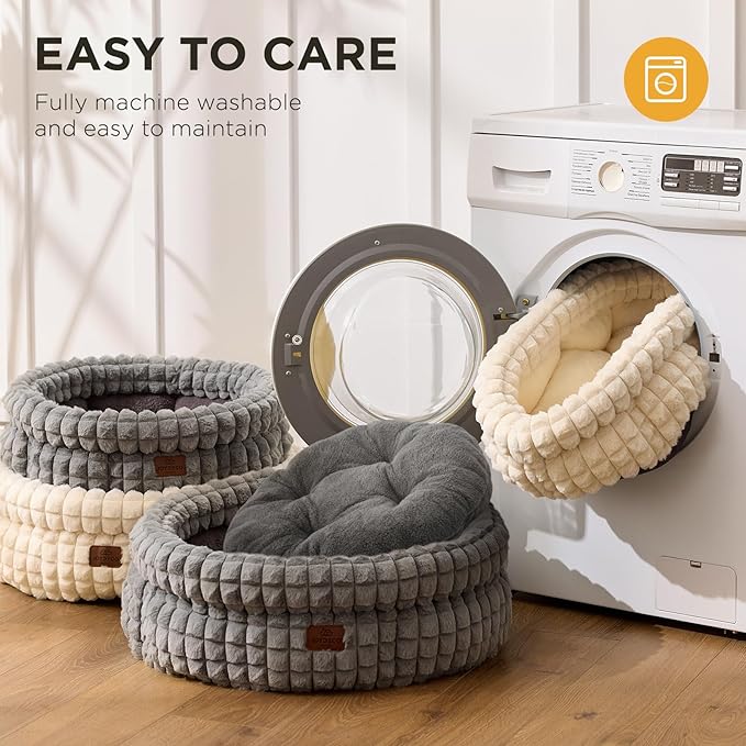 Joydeco Grey Cat Bed Kitten Bed, Washable Round Cat Beds for Indoor Cats, Ultra Soft Plush Pet Bed for Puppy and Kitten with Anti-Slip, Medium