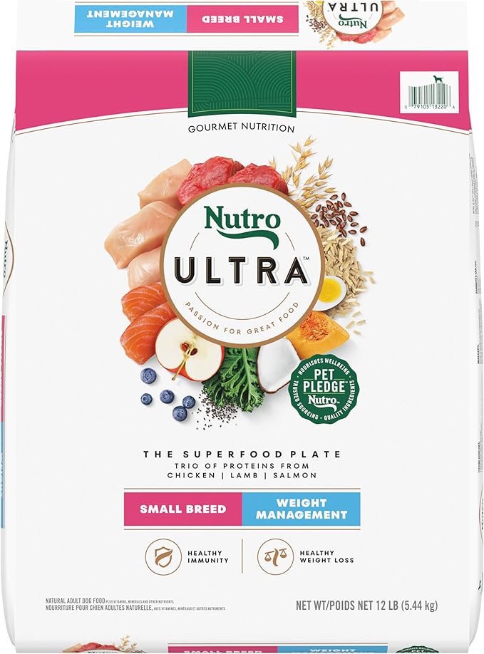 Nutro Ultra Adult Weight Management Small Breed Dry Dog Food, Chicken, Lamb and Salmon Protein Trio, 12 lb Bag