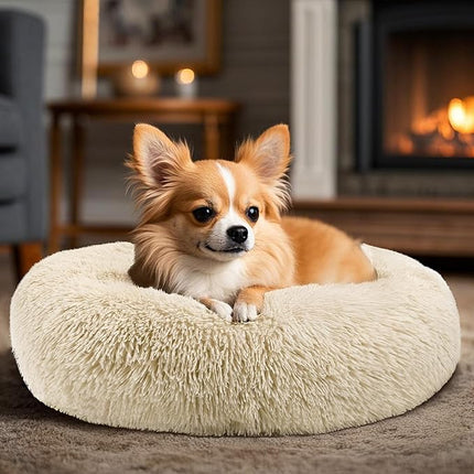 Dogs Bed for Small Dogs, Anti-Anxiety Washable Round Bed (Light Brown, 24.0" L x 24.0" W x 8.0" Th)