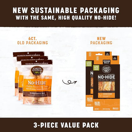 Earth Animal No Hide Chews - Long Lasting Rawhide Free Medium Dog Chews Rolls, Chicken - 3 Count Value Pack