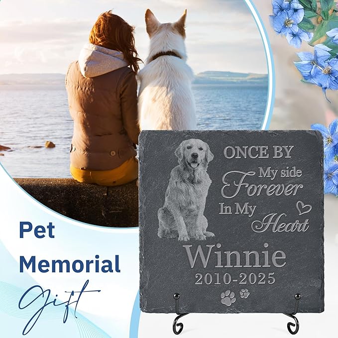 Pet Memorial Stone with Photo, Dog Memorial Gifts for Loss of Dog, Personalized Pet Memorial Gifts, Pet Loss Gift - in My Heart（Square）