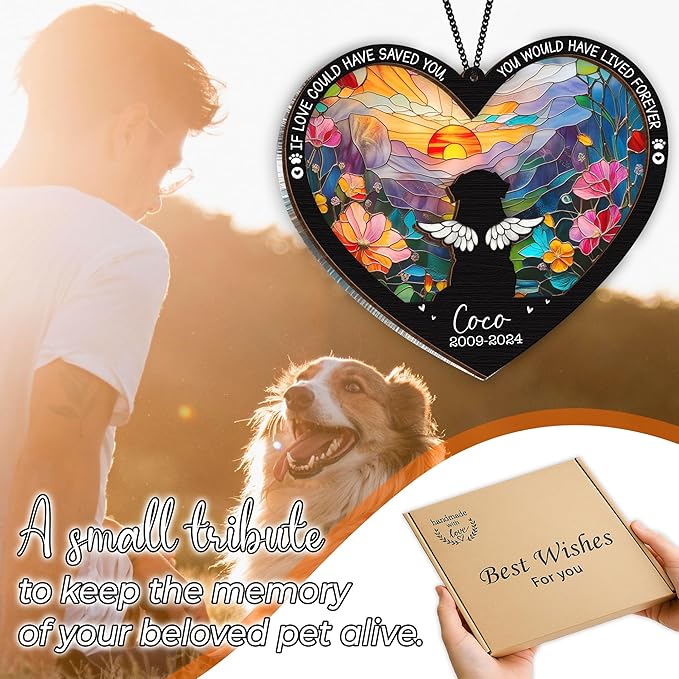 Personalized Angel Dog Memorial Suncatcher, Heart Suncatcher Remembrance Gift, Engraved Pet Memorial Ornament, Pet Sympathy Keychain, Loss of Animal Sympathy Card, Rainbow Bridge Dog Loss Gift