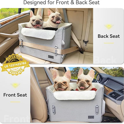 PETSFIT Dog Booster Car Seat, Waterproof PU Leather Car Seat for Dogs with Patented Safe Buckles, 2 Clip-On Safety Leashes, Suitable for 2 Small Dogs or a Medium Dog (Medium, Grey)