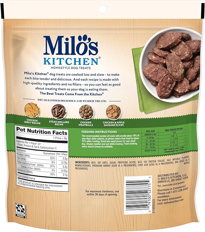 Milo's Kitchen Homestyle Dog Treats, Beef Sausage Slices, 10 Ounce, High Protein, No Artificial Flavors