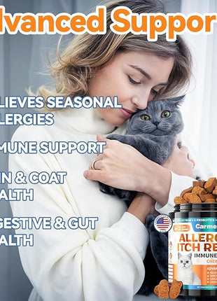 Cat Allergy Relief Chews 200 pcs - Cat Itchy Skin & Paw Licking Relief - Omega 3 & Probiotic for Cats - Anti-Itch Relief for Skin & Coat Health, Immune Support, Seasonal Allergies - Chicken Flavor