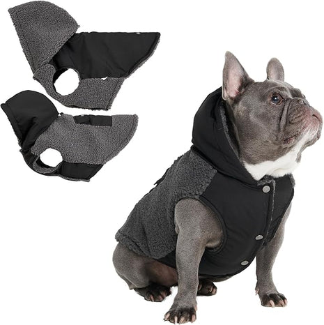 Spark Paws Reversible Fleece Dog Jacket, Hooded Sweater Vest, Warm Coat for Winter - Suitable for Small Medium Large XL XXL Dogs - Black and Grey - L