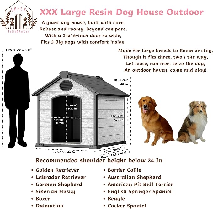 46" Large Dog House Outdoor Weatherproof, 3XL Big Dog House for 2 Large Dogs Outside, Insulated Igloo Pet House with Elevated Floor, Extra Durable Resin Plastic, 46Lx40Wx40H, Cemented Grey