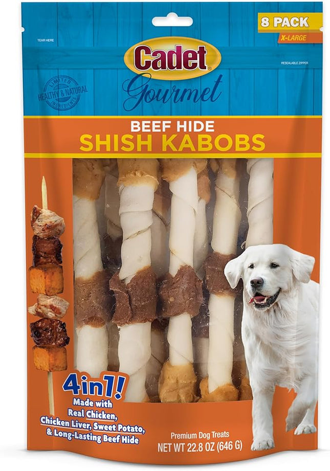 Cadet Gourmet Shish Kabob Dog Chews for Large Dogs, Rawhide Treats with Chicken and Sweet Potato, Healthy & Natural Beef Hide, 10-Inch Sticks, 8 Count