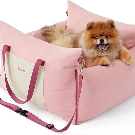 Lesure Small Dog Car Seat for Small Dogs -Soft Dog Booster Seat for Car with Storage Pocket and Clip-On Safety Leash and Thickened Memory Foam Filling, Pet Travel Carrier Bed Strawberry Cream